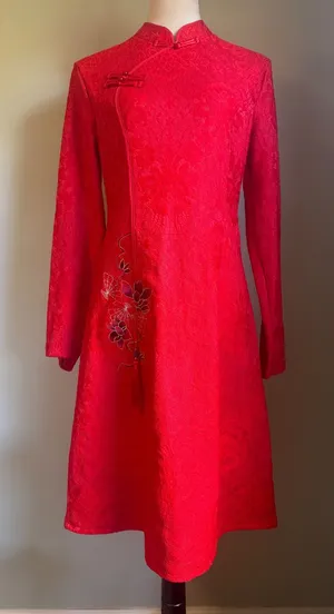 Red Floral Lace Cheongsam Qipao Dress Long Sleeve Tassel Embroidery Small whimsi thumbnail 1