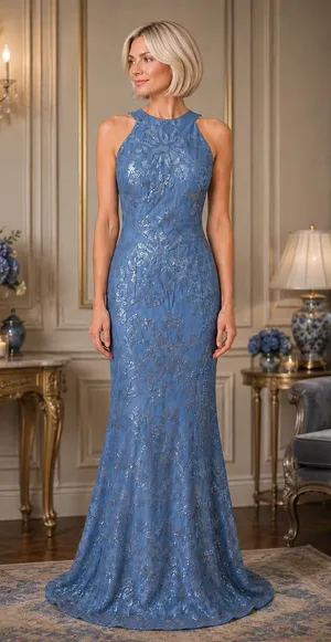 Boutique #3-8 Dusty Blue Sequin High Halter Neckline Sleeveless Column Gown. thumbnail 1