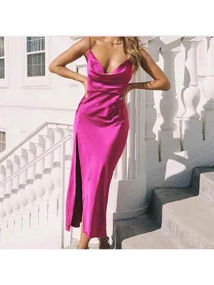 Lioness Magenta Walk The Line Satin Cowl High Slit Pink Maxi Midi xSmall thumbnail 3