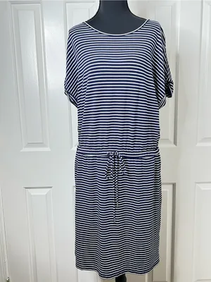 Hilary Radley Striped Navy and White Tie-Waist Dress with Pockets Size Large thumbnail 6