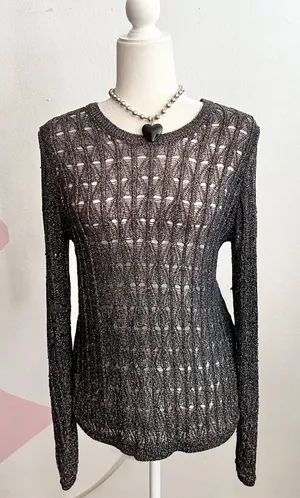Anthropologie Pilcro Green Metallic‎ Crochet Sweater Boho Holiday Artsy Small thumbnail 1