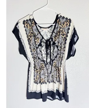 Claudia Richard Black & Cream Paisley + Leopard Print Blouse – Size XL/Plus thumbnail 1