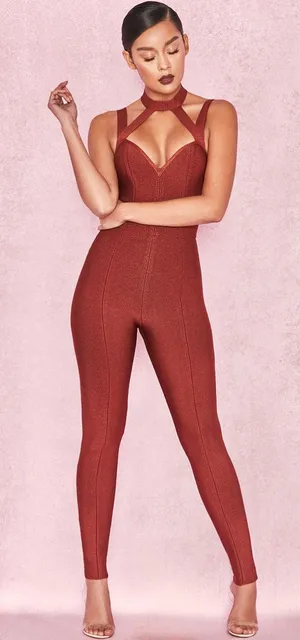 House of CB Cypresa Rust Lurex Collar Strap Jumpsuit Women’s Size XS thumbnail 1