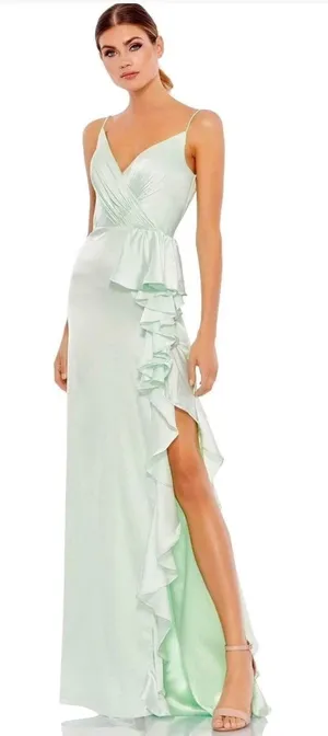 Mac Duggal Gown Womens 4‎ Mint Green Ruffle Side Slit Satin Formal Dress 26543L thumbnail 1