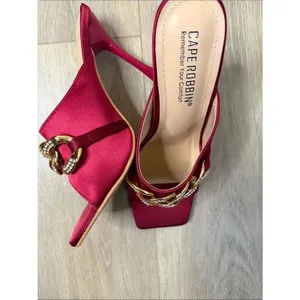 Cape Robbin Disteny Brick Red Satin Slide Mules with Gold Crystal Chain thumbnail 3