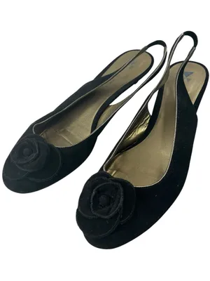 DaniBlack Suede slingback kitten heel rosette vamp black Size 9.5” thumbnail 1