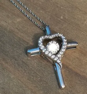 Vintage 925 Silver CZ Heart Cross Pendant Necklace thumbnail 2