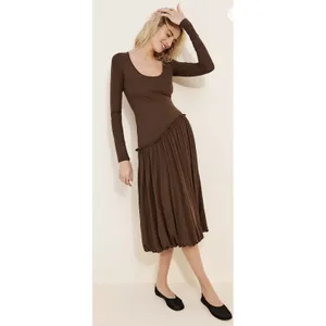 Saemdi Jeanette Drop-Waist Midi Dress Brown Size XS Bubble Hem Tencel thumbnail 3