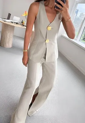 Commense Button Split Sleeveless Pants Set size small Gray thumbnail 1