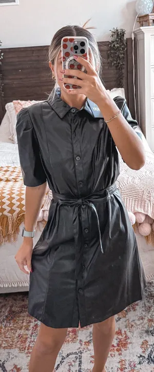DKNY Black Pleather Button Up Collared Dress thumbnail 2