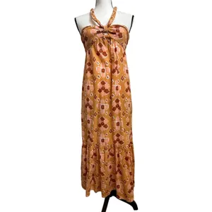 NWT Aerie Sz XS Linen Blend Halter‎ Maxi Dress Ikat Orange Pink Boho Braided thumbnail 4