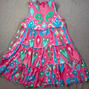 Crown & Ivy Women's Medium Ikat Tiered Ruffle V-Neck Sleeveless Dress Pink Blue thumbnail 8