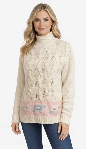Vintage 80s Hand Knit Turtleneck Sweater | Cream Cable Knit Cottagecore thumbnail 1