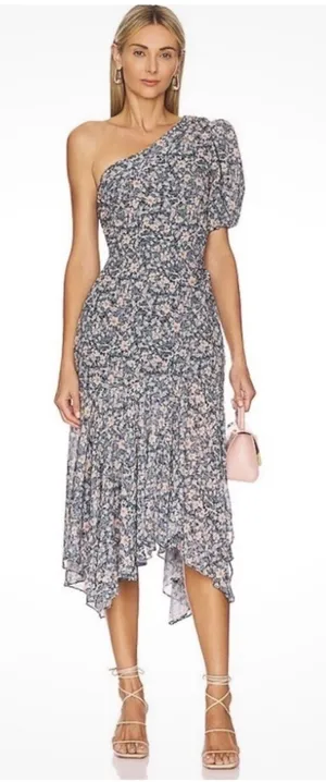 ASTR Santorini One Shouler Midi Dress Medium Blue Floral Wedding Guest Romantic thumbnail 1