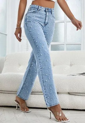 Women's Light Blue Pearl Beaded Slightly Flare Jeans thumbnail 1