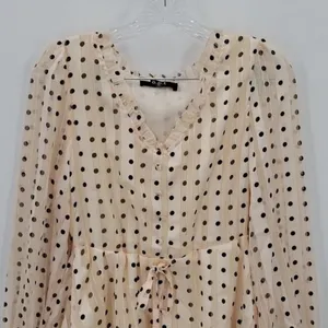 $168 NWOT O.P.T. Women's Beige V-Neck Long Sleeve Tiered Polka Dot Dress Size XS thumbnail 9