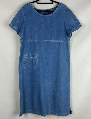 Original TY Wear Vintage Denim Dress L Blue Medium Wash Short Sleeve Zip Back thumbnail 1