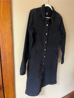 GAP Black Denim Button-Front Shirt Jacket Dress thumbnail 3