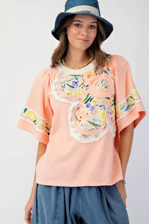 Easel Flower Patch Puff Sleeves Soft Washed Terry Knit Top Size Large thumbnail 1