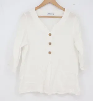 Tempo Paris Linen Top Womens M White Button V-Neck 3/4 Sleeve Excellent thumbnail 1