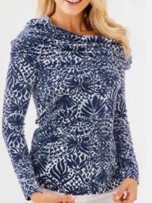 Lilly Pulitzer Navy and White Floral Cowl-Neck Top thumbnail 1