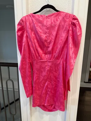 Strut & Bolt Hot Pink Satin Jacquard Puff Sleeve Mini Dress NWT Small thumbnail 4