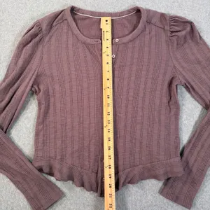 Pilcro Anthropologie Mauve Puff Sleeve Cardigan Women's Large Ribbed Stretch thumbnail 6