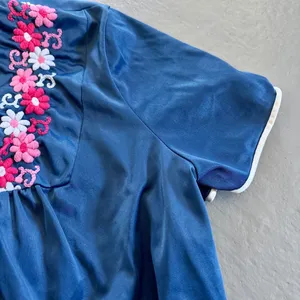 Vintage Navy Blue Embroidered Silky Night Gown with Cap Sleeves M/L thumbnail 5