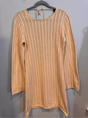 VICI Collection Open Back Pointelle Mini Sweater Dress Cream XL thumbnail 1