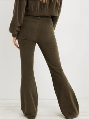 AERIE by American Eagle Groove-On Rib Velour Flare Pants in Nomad Olive thumbnail 2