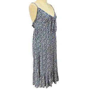 Arizona Jean Co L Blue Floral Tie Front Button Down Ruffle‎ Midi Dress Cottage thumbnail 3