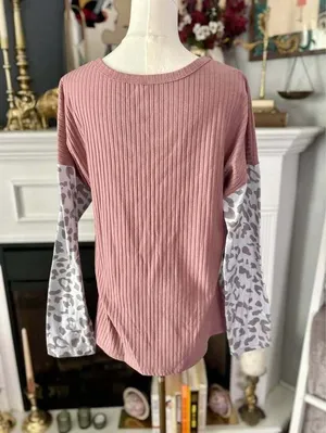 Pink and Grey Leopard Print Ribbed Long Sleeve Top Size L thumbnail 2