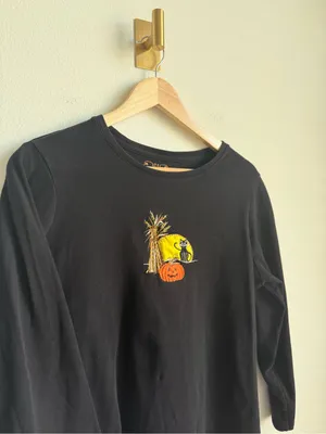 Vintage Women's Halloween Black Embroidered Cat Pumpkin Long Sleeve Top 1X thumbnail 4