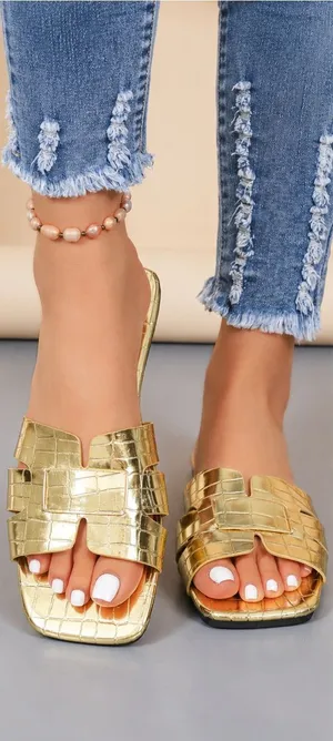 SHEIN | NWT Gold Croc-Embossed Slide Square Toe Beach Sandals (Size 42) thumbnail 1