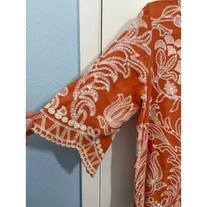 Solitaire Blouse XL Orange Floral Embroidered 3/4 Sleeve Cottage Core Boho thumbnail 3