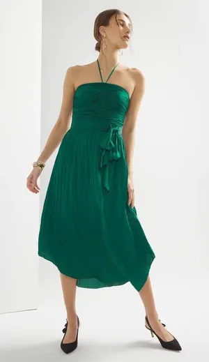 White House | Black Market NEW $170 Strapless Halter Pleated Tie-Waist Midi Dress in Emerald Green 00 thumbnail 1