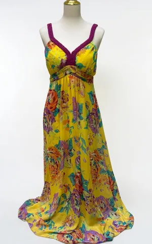 Soft Surroundings Maxi Dress Gown‎ M Yellow Floral Vibrant Empire Waist Garden thumbnail 1