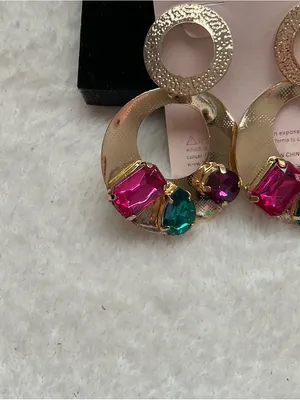 Gold Hoop Earrings with Pink and Green Gemstones thumbnail 2