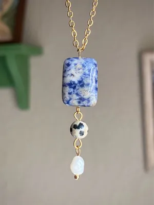 Handmade gem stones & freshwater pearl boho statement necklace🌀💙 thumbnail 1