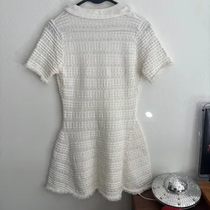 White Textured Fringe Trim V-Neck Henley Fit & Flare Mini Dress Short Sleeves thumbnail 6