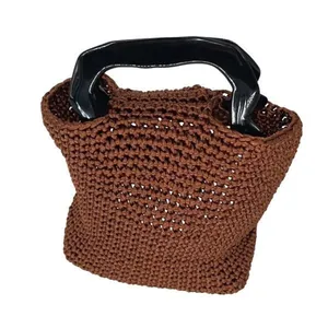 Womens Crochet Double Plastic Handle Tote‎ Handbag Brown 7”x 8.5”x 4” thumbnail 3