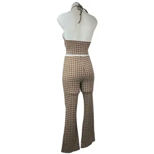 Princess Polly Brown Plaid Checkered Halter Crop Top & Bell Bottom Pants Set 0 thumbnail 2