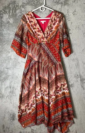 Vintage y2k Boho Paisley Handkerchief Hem Dress Orange Patchwork Midi Size Small thumbnail 1