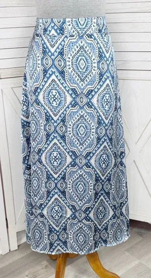 Metrowear Satin Mosaic Print Midi Skirt Blue White‎ Medium thumbnail 1