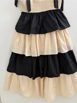 NEW LOVELO Smocked Tiered Maxi Dress Tie-Shoulder in Black and Cream MEDIUM thumbnail 6