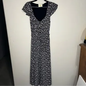 Maeve By Anthropologie Black Purple Ditzy Floral Belted Wide‎ Leg Jumpsuit thumbnail 2