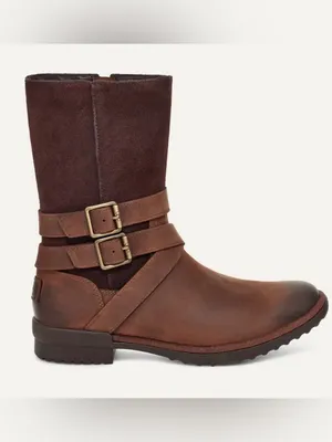 UGG Lorna brown leather and suede mid calf boot women’s 6.5 moto chic thumbnail 9