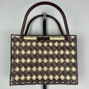 Rectangle Brown Star Flower Woven Box Tiki Beach Straw Structured Handbag‎ thumbnail 2
