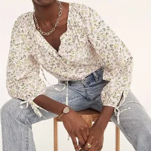 J.Crew Tie-Sleeve Button-Front Cotton Poplin Blouse Meadow Floral Cottagecore M thumbnail 1