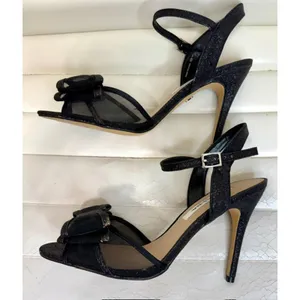 Nina Black Mesh Glitter Bow Heeled Sandals Sz7 thumbnail 4